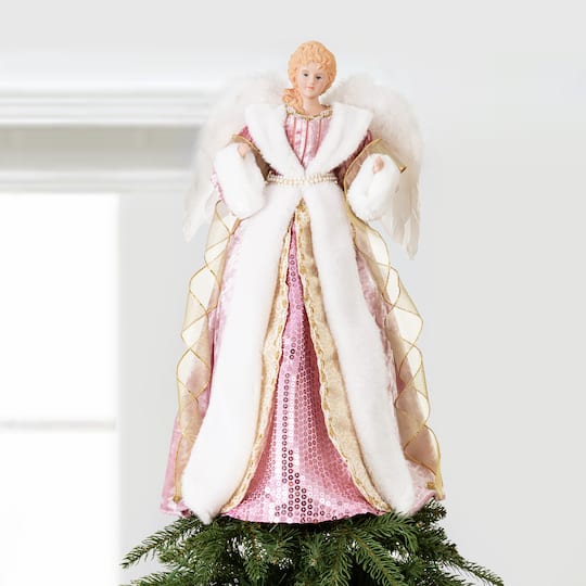 Glitzhome® 18" Faux Fur & PVC Deluxe Pink Christmas Angel Tree Topper with Porcelain Face